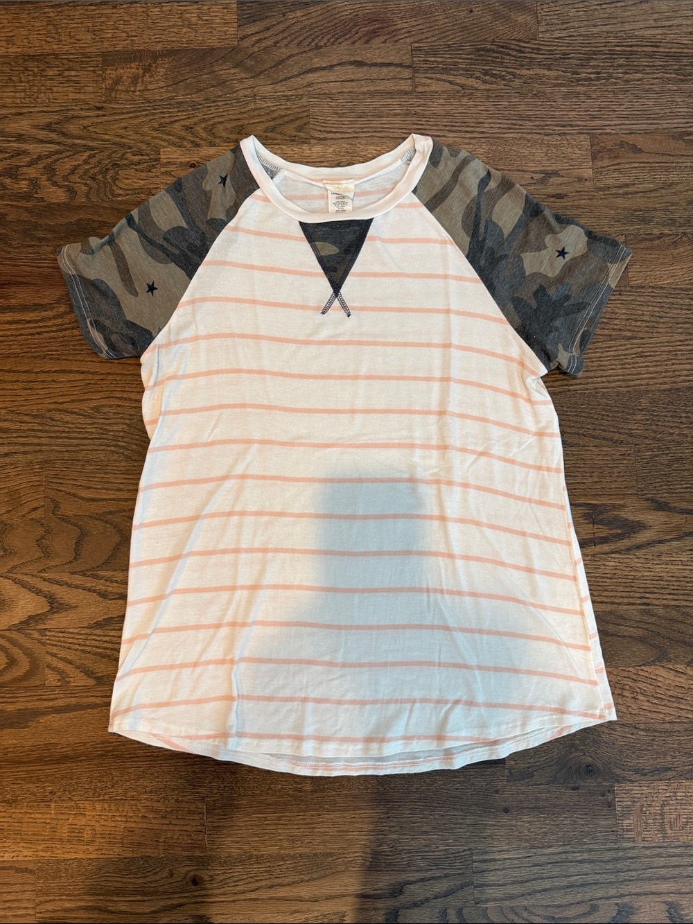 Lovely Melody Tee with Pink Stripes & Camo Sleeves | Size S